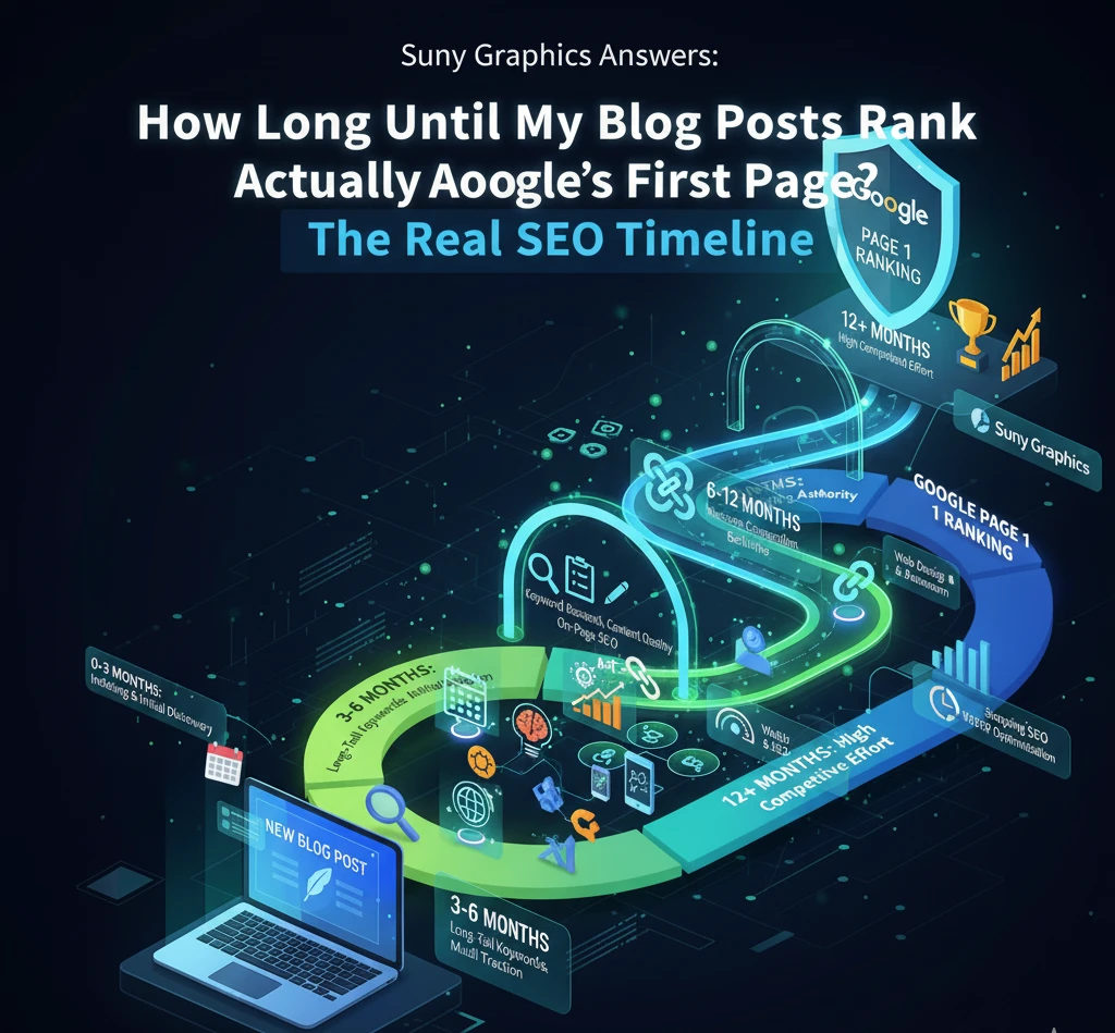 Infographic illustrating the SEO timeline for blog posts to rank on Google's first page, showing stages from content creation to 12+ months for high competition.