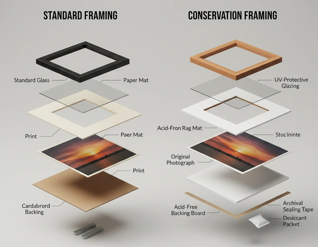 Comparison diagram: Standard framing vs. Conservation framing showing components like standard glass vs. UV glass, paper mat vs. acid-free mat, and standard backing vs. archival backing.