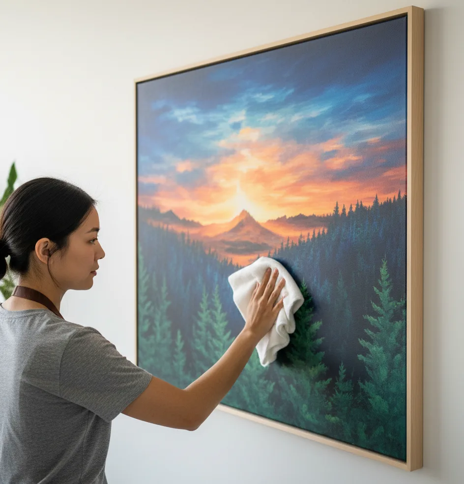 A person with dark hair, wearing a gray t-shirt and a brown apron strap, gently wipes a large, vibrant canvas print of a mountain sunset landscape with a soft white cloth, as the artwork hangs on a light-colored wall.