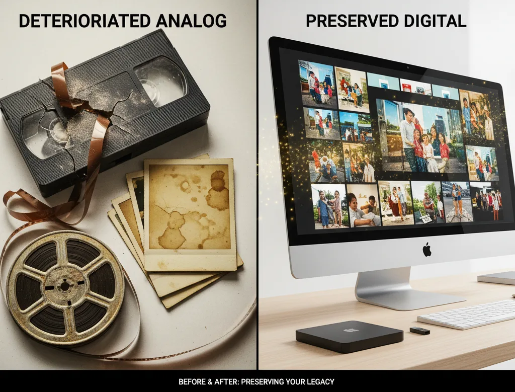 Before and After comparison showing media degradation: 'Before' features a faded, color-shifted photograph and a dusty, damaged VHS tape. 'After' shows the digitized version with corrected colors and restored clarity on a screen.