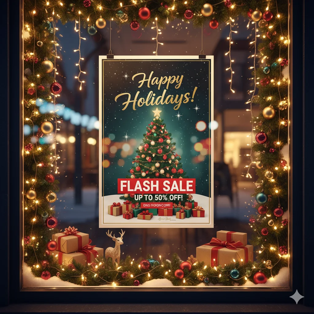 Vibrantly lit shop window featuring a printed holiday flash sale poster and Christmas decorations