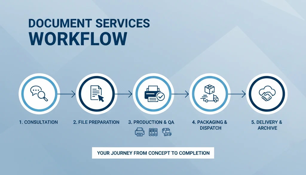A visual flow chart diagram illustrating the stages of a professional document service workflow: Consultation, Preparation, Printing/Scanning, Finishing/Quality Check, and Final Delivery.