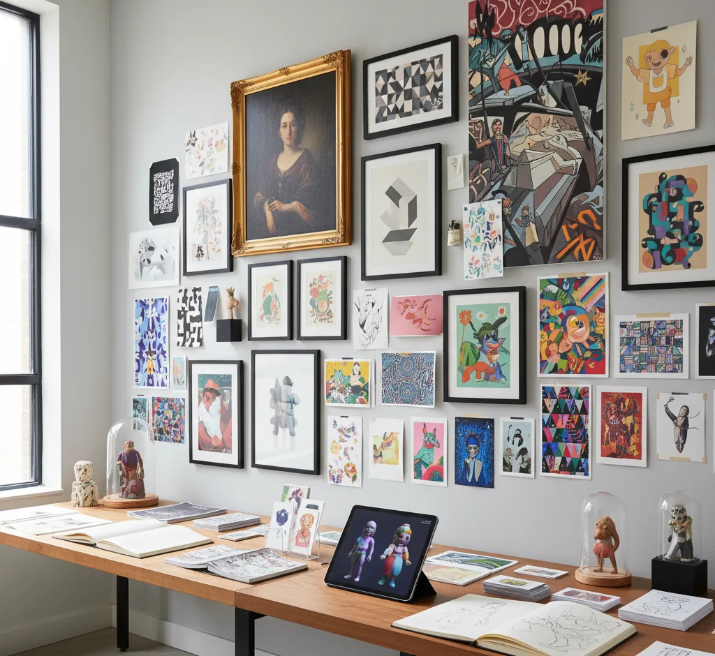 Inspiration gallery collage showcasing diverse custom art styles: abstract expressionism, minimalist line art, detailed portraiture, contemporary sculpture, and watercolor landscape.
