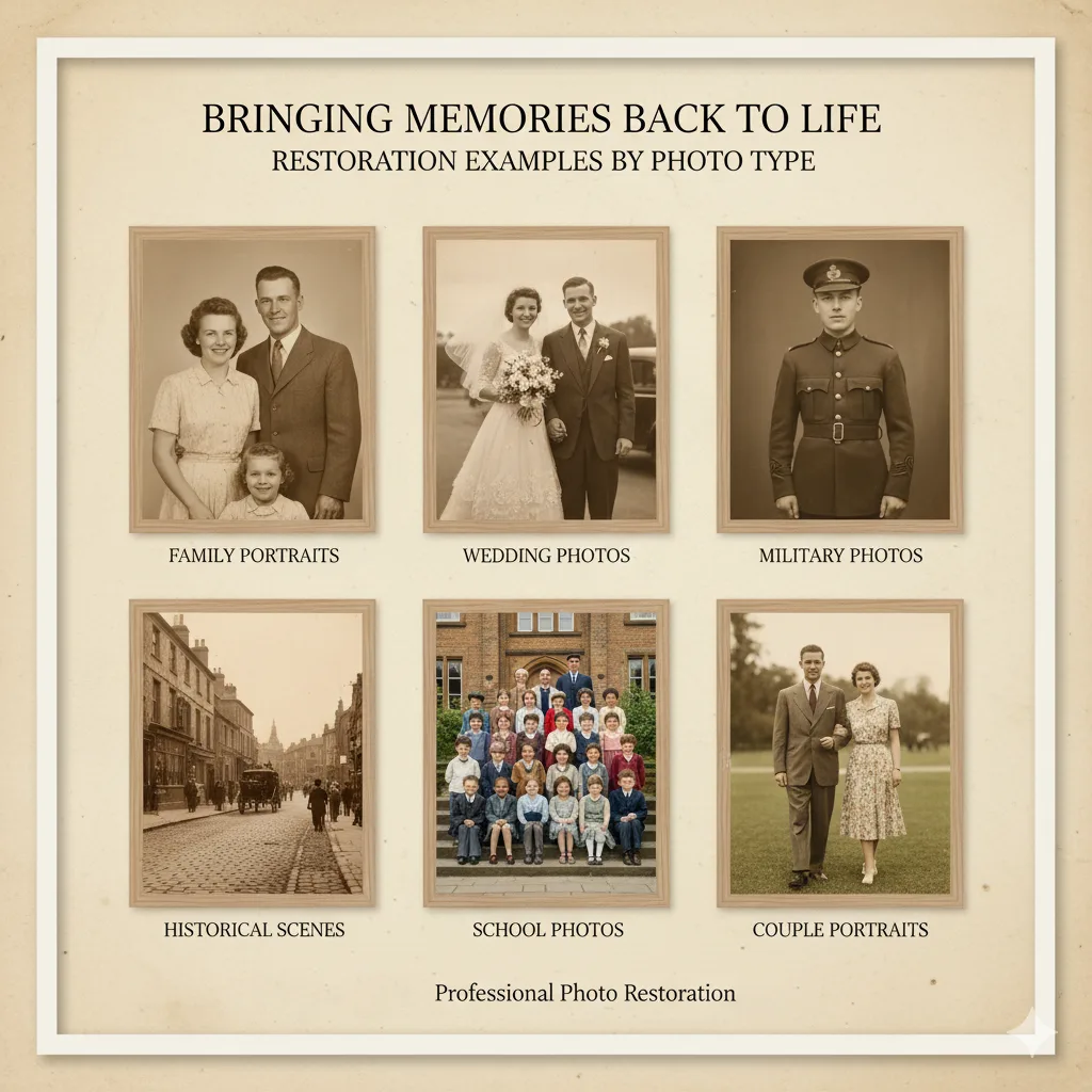 Grid of beautifully restored photo types: family portraits, wedding, military, historical, and school photos.