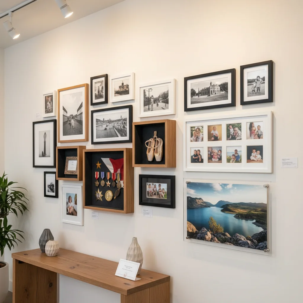 Examples of specialized framing: shadow box display, multi-photo collage, acrylic face mount, and gallery wall arrangement.