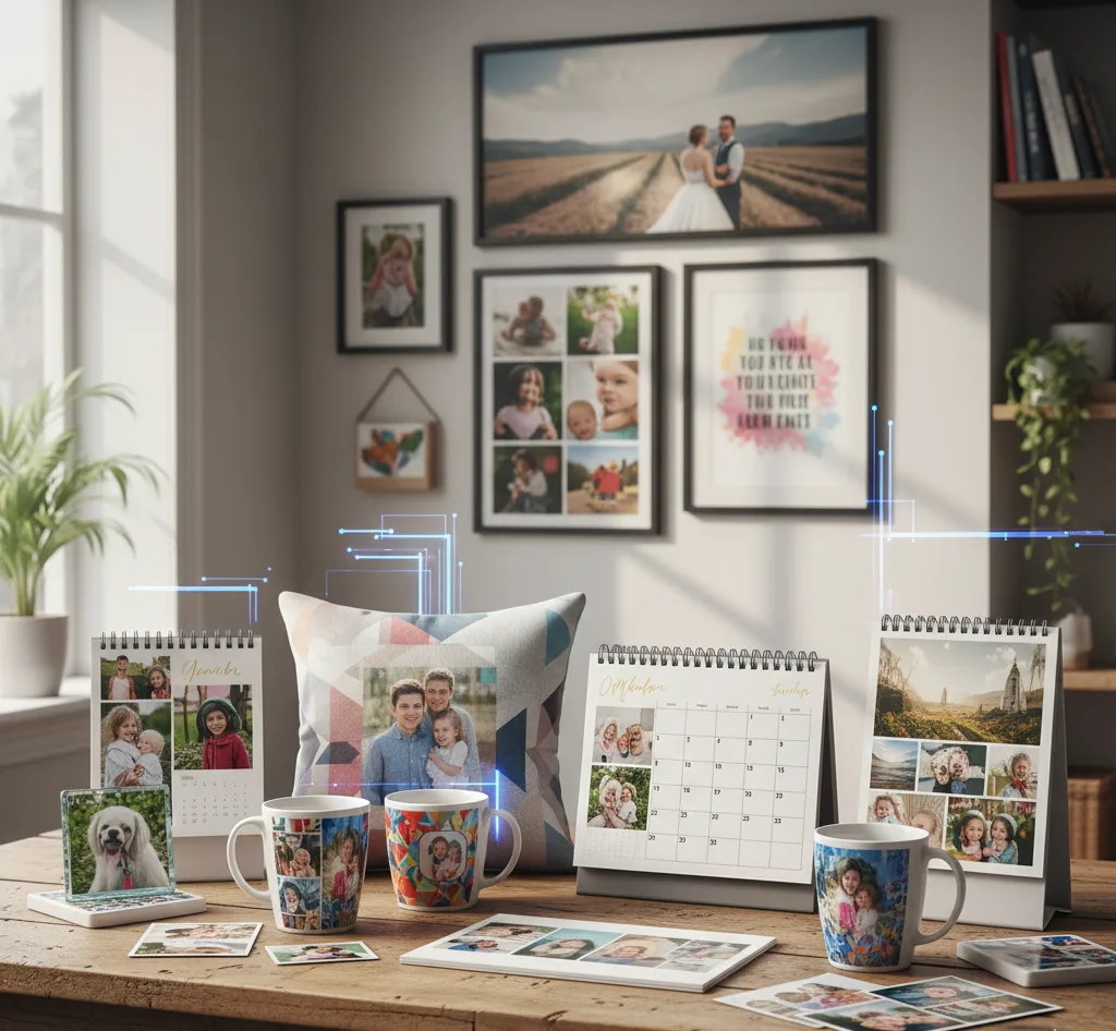 A bright, modern room displays a diverse collection of AI-designed personalized photo gifts, including custom mugs, a patterned photo cushion, various photo calendars, and framed wall art, all featuring family pictures and subtle digital blue lines indicating AI integration.