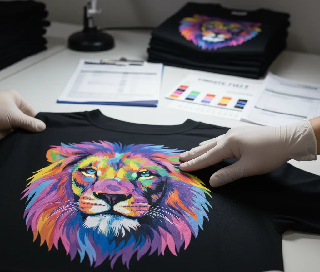A close-up of gloved hands meticulously examining a black t-shirt with a vibrant, colorful lion print using a magnifying glass, as part of a quality control check in a printing facility.