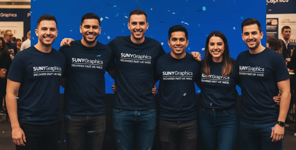 Six smiling staff members wearing dark blue SUNYGraphics branded t-shirts, standing in front of a large blue screen with confetti falling, at what appears to be a company launch event or exhibition.