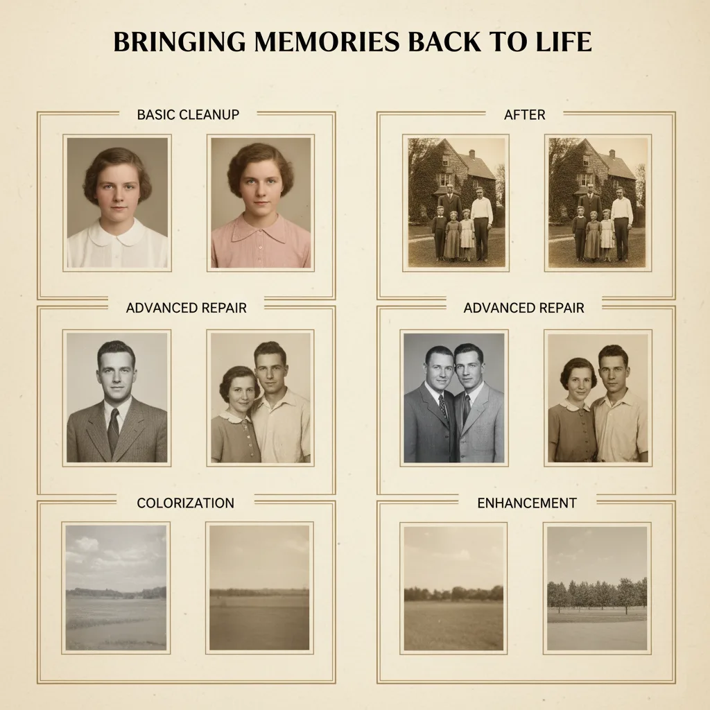 Before and after examples of different restoration services: basic cleanup, advanced repair, colorization, and digital enhancement.