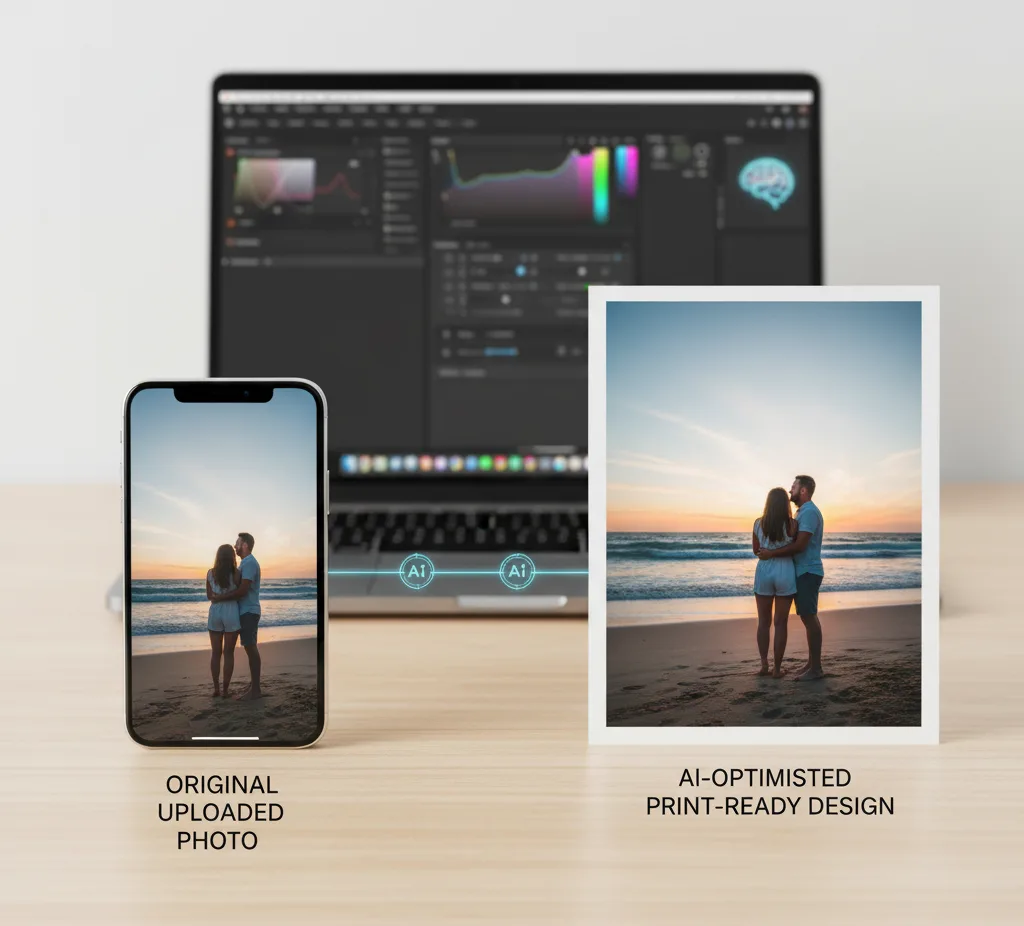 A side-by-side comparison on a wooden desk showing a smartphone displaying an "ORIGINAL UPLOADED PHOTO" of a couple on a beach at sunset, next to a high-quality "AI-OPTIMISED PRINT-READY DESIGN" of the same image, with a laptop in the background demonstrating editing software and AI indicators.