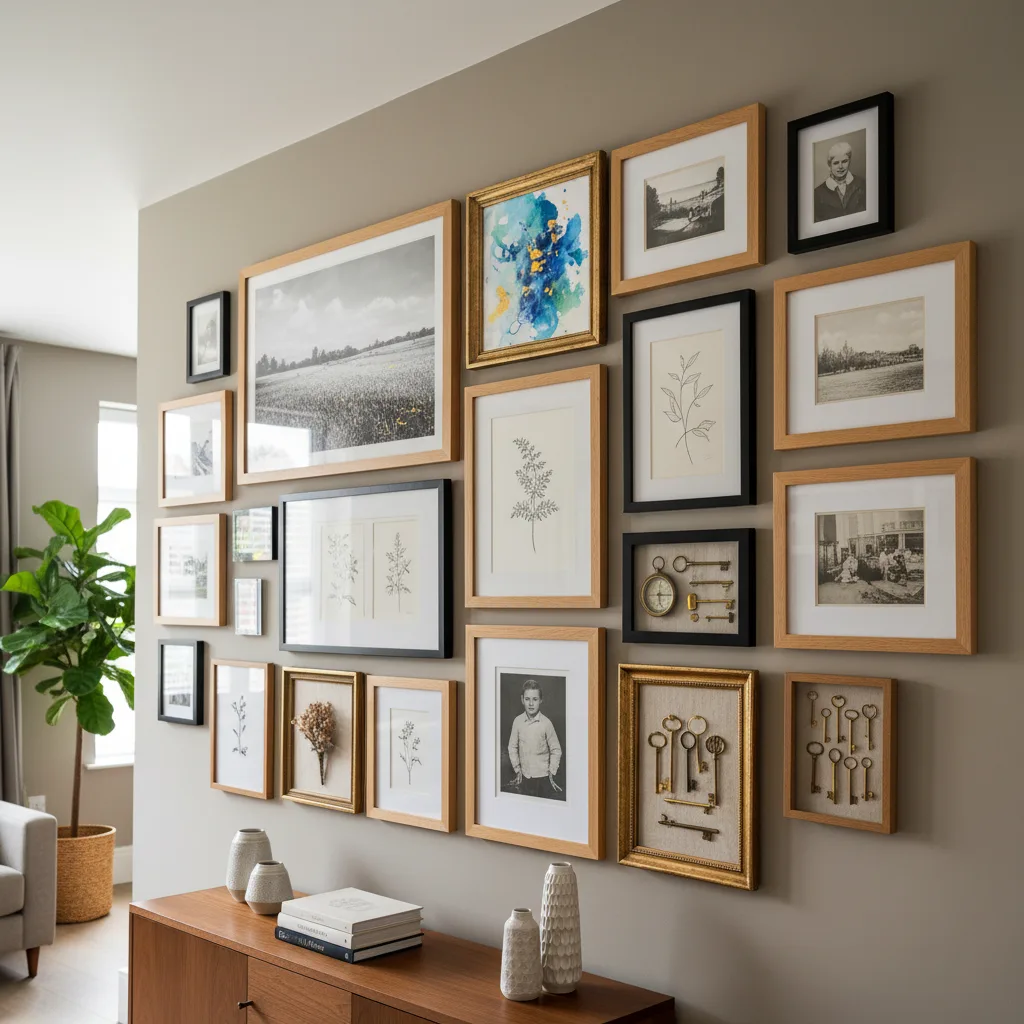 Professionally framed gallery wall display featuring photos, abstract art, and shadow boxes with personal memorabilia.