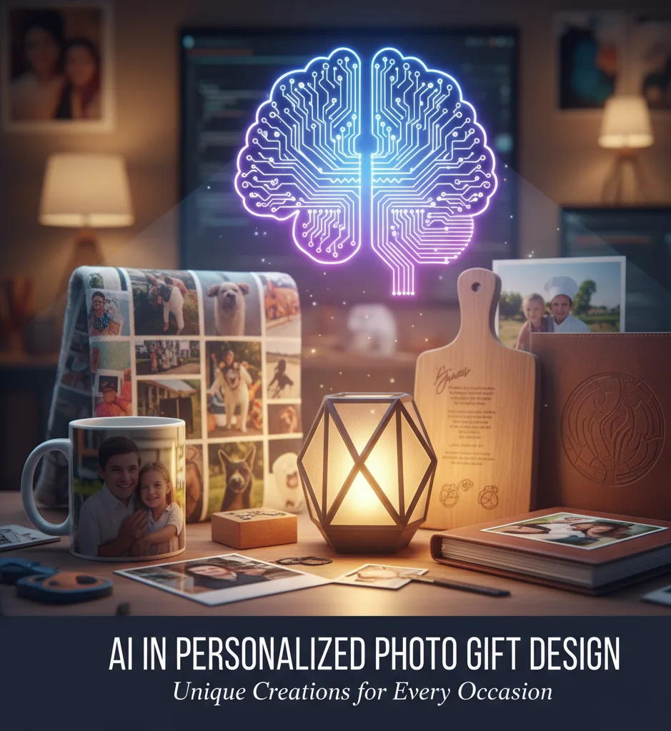 A desk at night showcasing various personalized photo gifts like a mug, blanket, chopping board, and photo album, with a glowing circuit-board brain overlay suggesting AI integration in design.