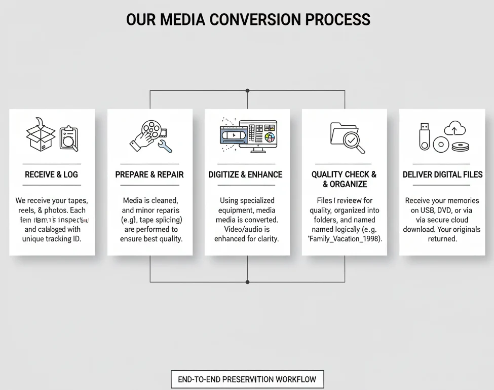 Step-by-step process diagram illustrating media conversion: 1. Receive & Log, 2. Prepare & Repair, 3. Digitize & Enhance, 4. Quality Check & Organize, 5. Deliver Digital Files.
