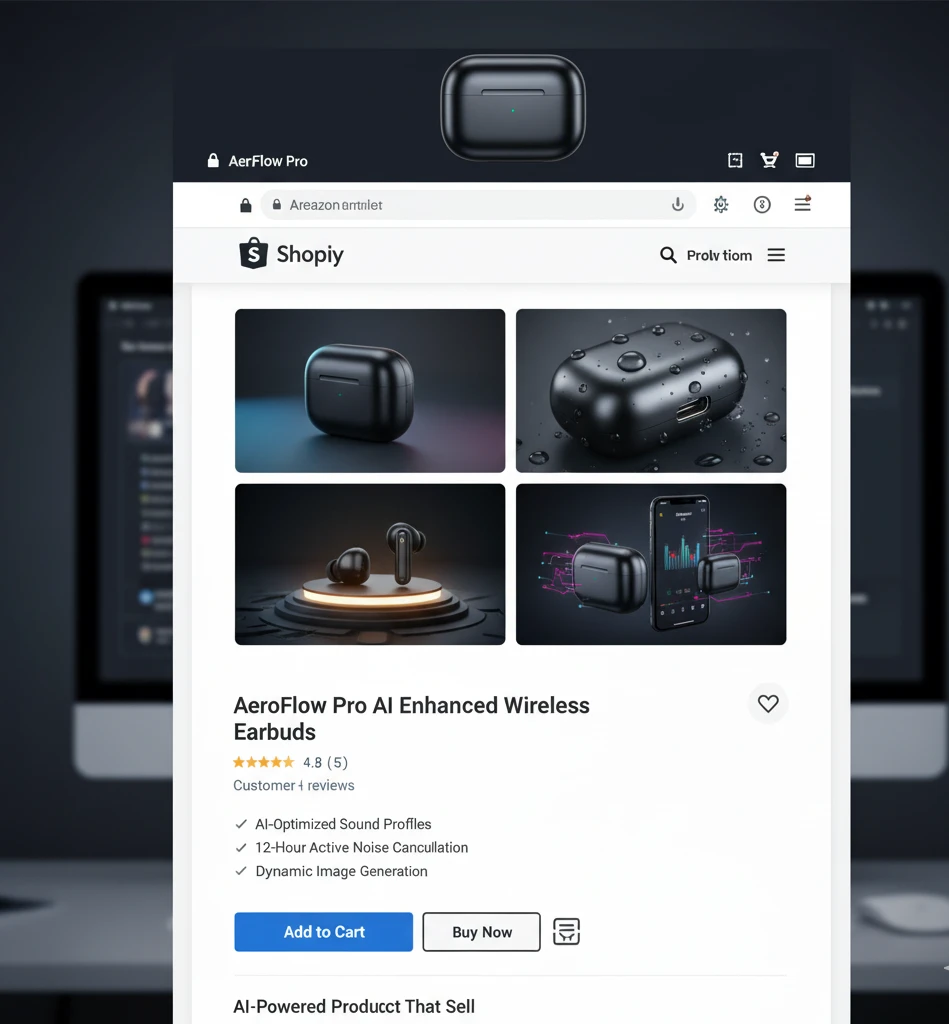 A close-up screenshot of a Shopify product page displaying "AeroFlow Pro AI Enhanced Wireless Earbuds." The page features four high-quality, AI-optimized product images showing the earbuds from different angles and in various settings, including one with water droplets and another with a glowing circuit pattern, highlighting crisp details and vibrant clarity.