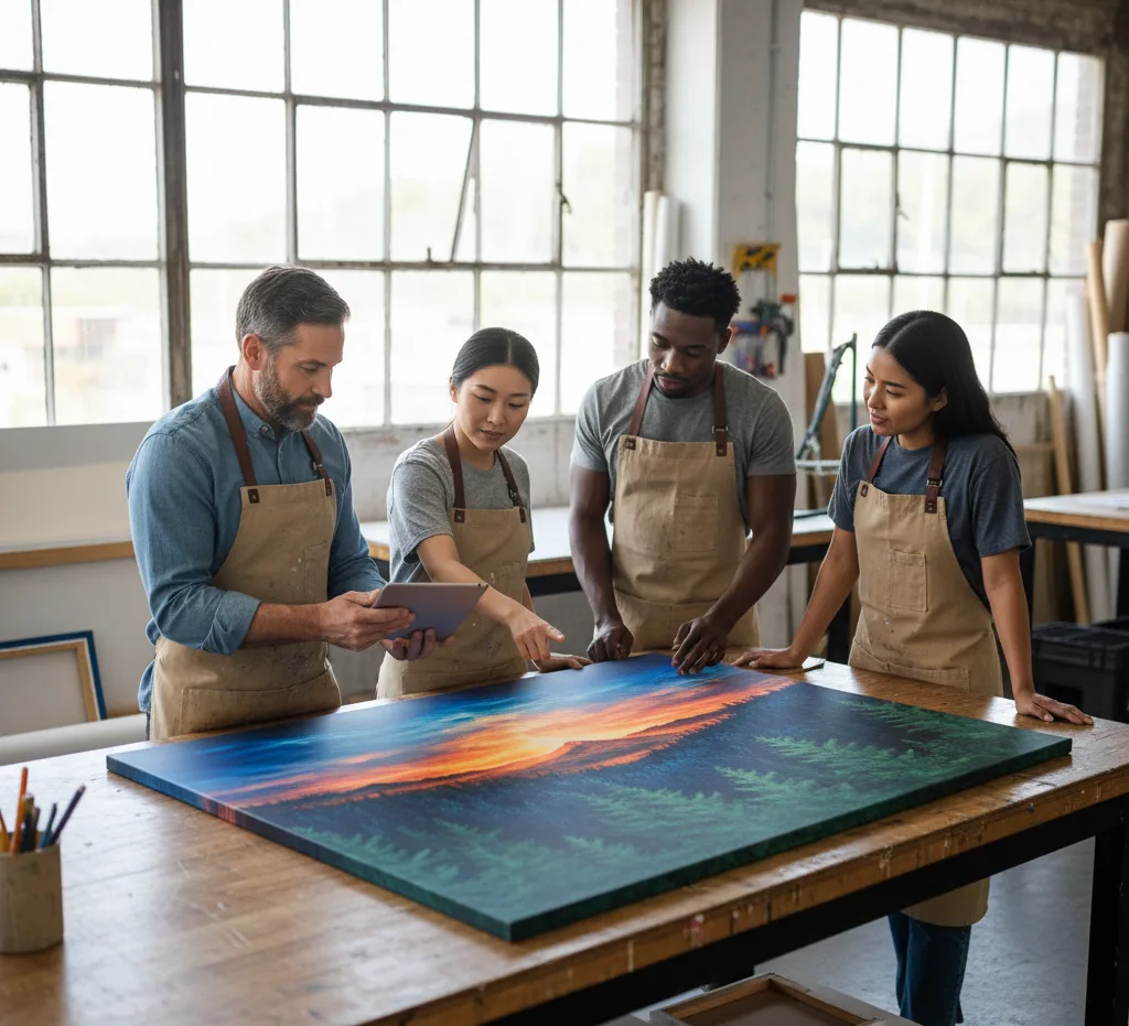 A diverse team of four studio staff, wearing aprons, gathered around a large wooden table in a brightly lit workshop, meticulously inspecting a vibrant, finished canvas print of a forest sunset, while one person points to details on a tablet.