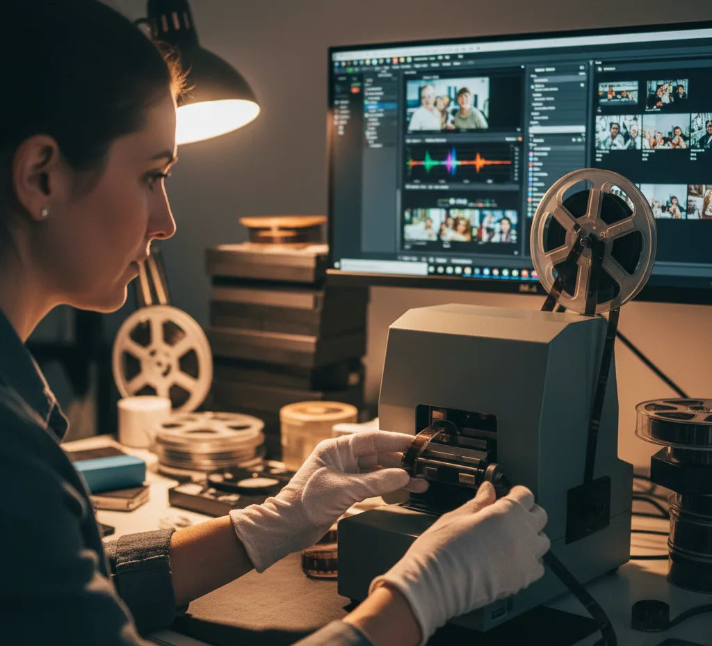 A media conversion specialist wearing white gloves, meticulously handling an 8mm film reel on a professional film transfer machine, with a computer monitor showing digital video editing software in the background.