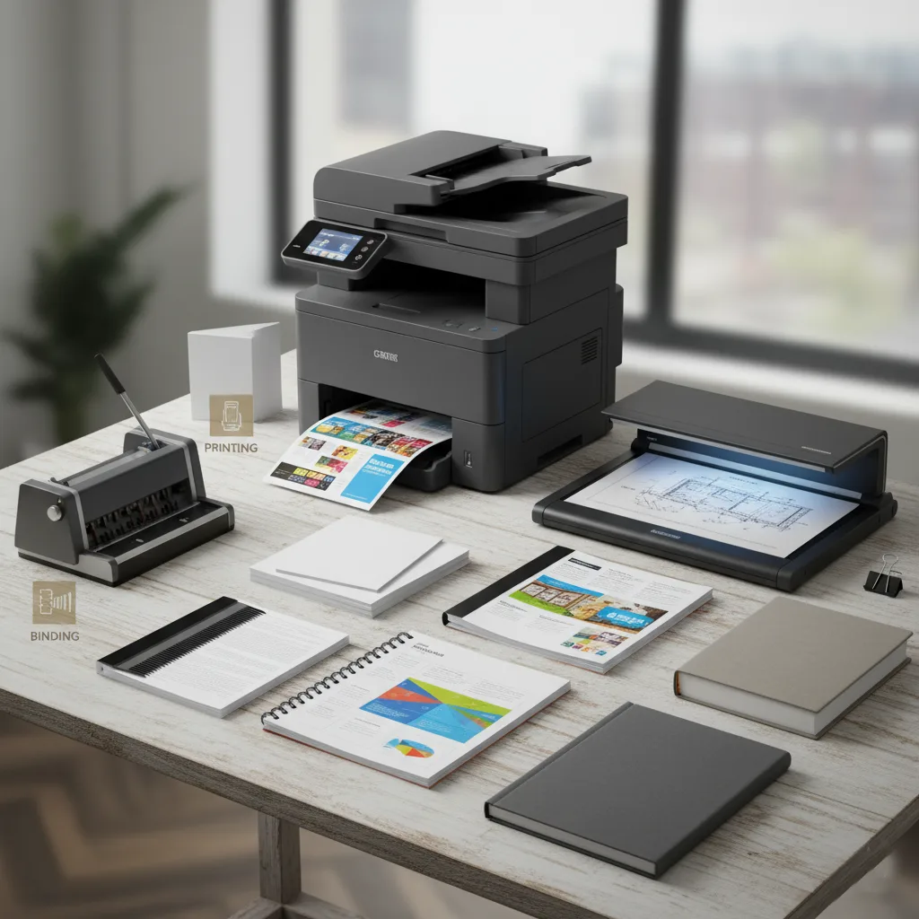 Close-up view of a professional desk setup displaying various finished document services: a stack of printed brochures, a spiral-bound manual, a stack of scanned architectural plans, and a large multi-function printer in the background.