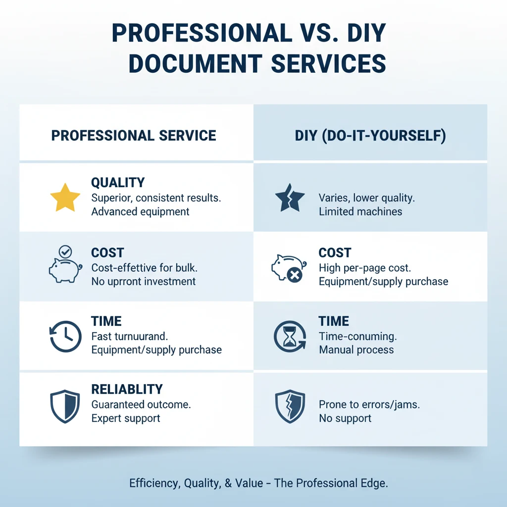A two-column infographic comparing Professional Document Services versus Do-It-Yourself (DIY) methods across key metrics: Quality, Cost Efficiency, Time Savings, and Reliability.