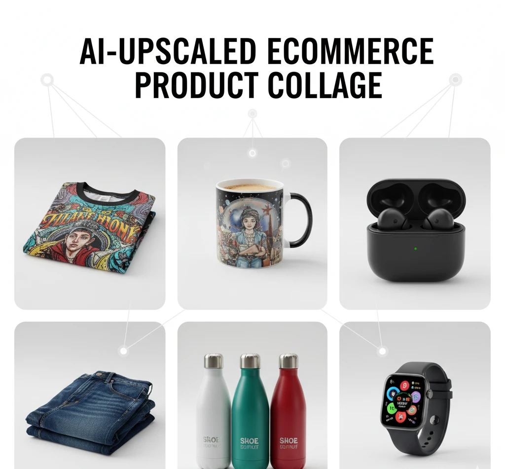 A six-panel collage showcasing various high-resolution e-commerce product images. Products include a vibrant graphic t-shirt, a custom-printed coffee mug, black wireless earbuds in their case, a stack of folded denim jeans, three colorful insulated water bottles, and a black smartwatch displaying a colorful interface.