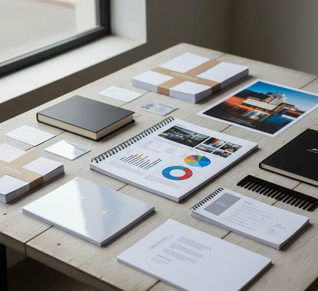 A professional display of completed documents showcasing various finishing options, including thermal binding, spiral binding, and glossy laminated documents on a clean white surface.