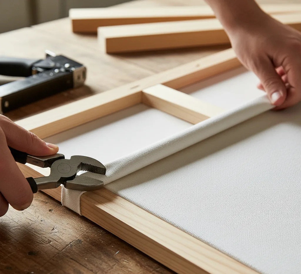 Artisan hands using pliers to professionally stretch a printed canvas tightly over a wooden stretcher bar frame, demonstrating expert craftsmanship.