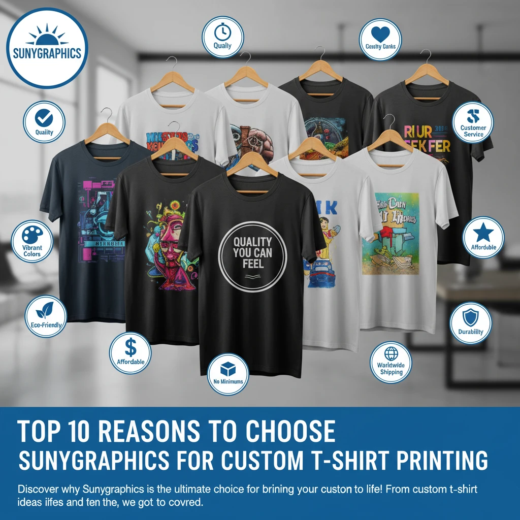 A visual infographic showcasing 10 custom-printed t-shirts hanging on wooden hangers, with various designs. Around the t-shirts, a circular arrangement of icons and text bubbles highlights key benefits: Quality, Customer Service, Affordable, Durability, Worldwide Shipping, No Minimums, Eco-Friendly, Vibrant Colors, and Quality You Can Feel. The Sunygraphics logo is prominently displayed at the top left. The overall theme is professional, high-quality custom t-shirt printing.