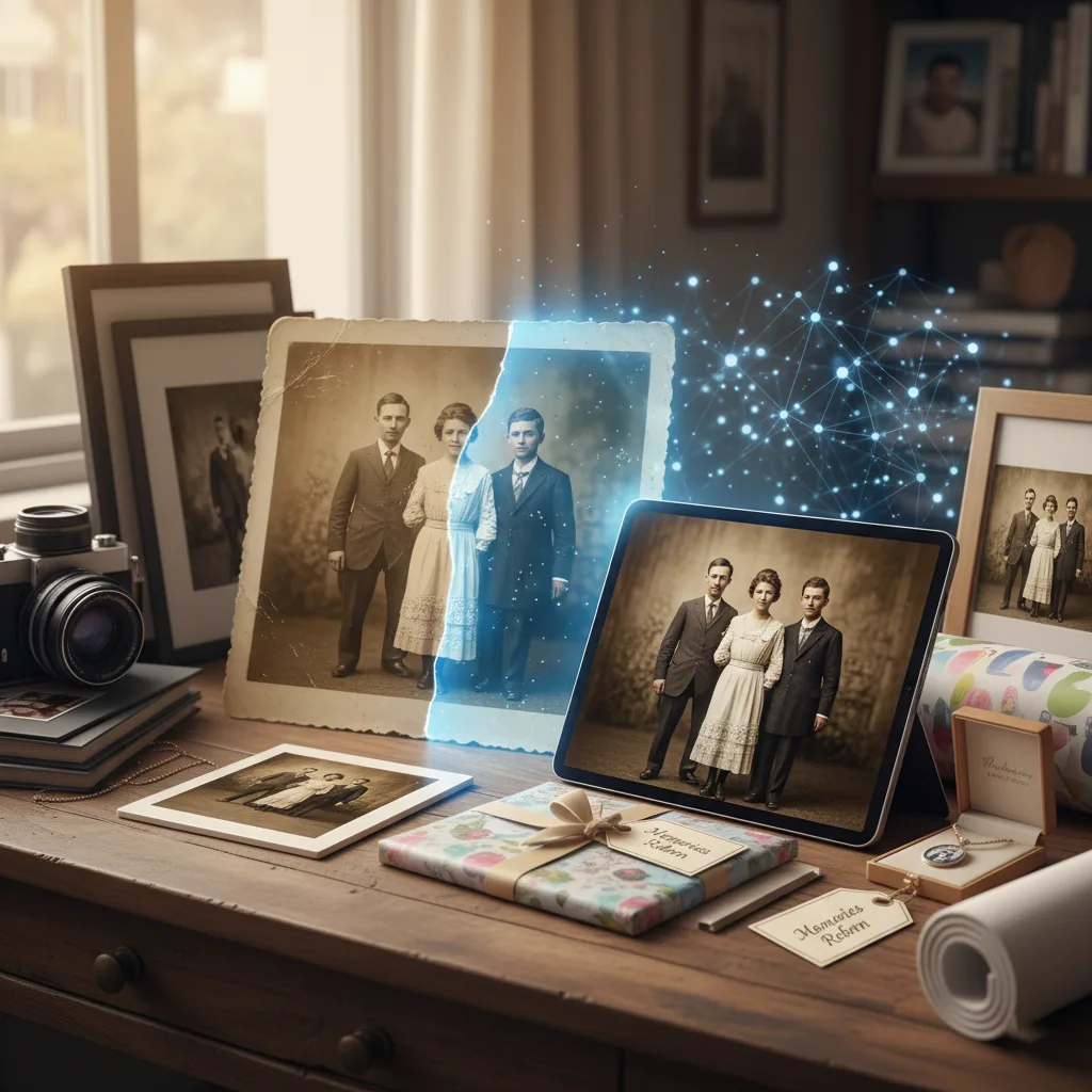 A wooden desk displays an old, faded black and white photograph of a family. A glowing blue digital effect shows the photo being restored and upscaled onto a modern tablet, surrounded by other framed photos, a vintage camera, wrapped gifts, and a necklace, symbolizing the preservation and gifting of memories.
