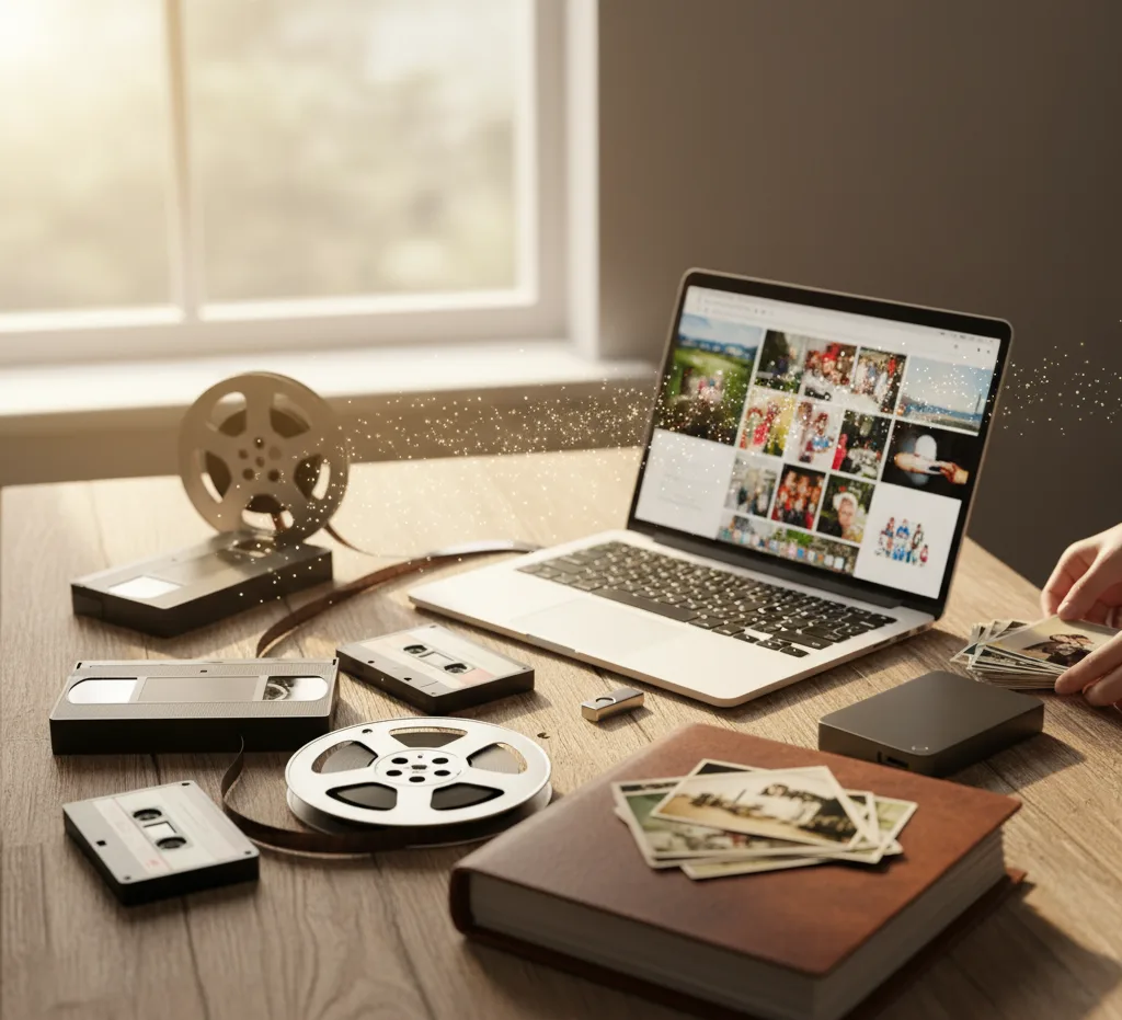 A nostalgic collection of old media (VHS tapes, cine film reels, audio cassettes, photo album) laid out with modern digital devices (laptop displaying digital photos, USB drive), symbolizing media conversion.