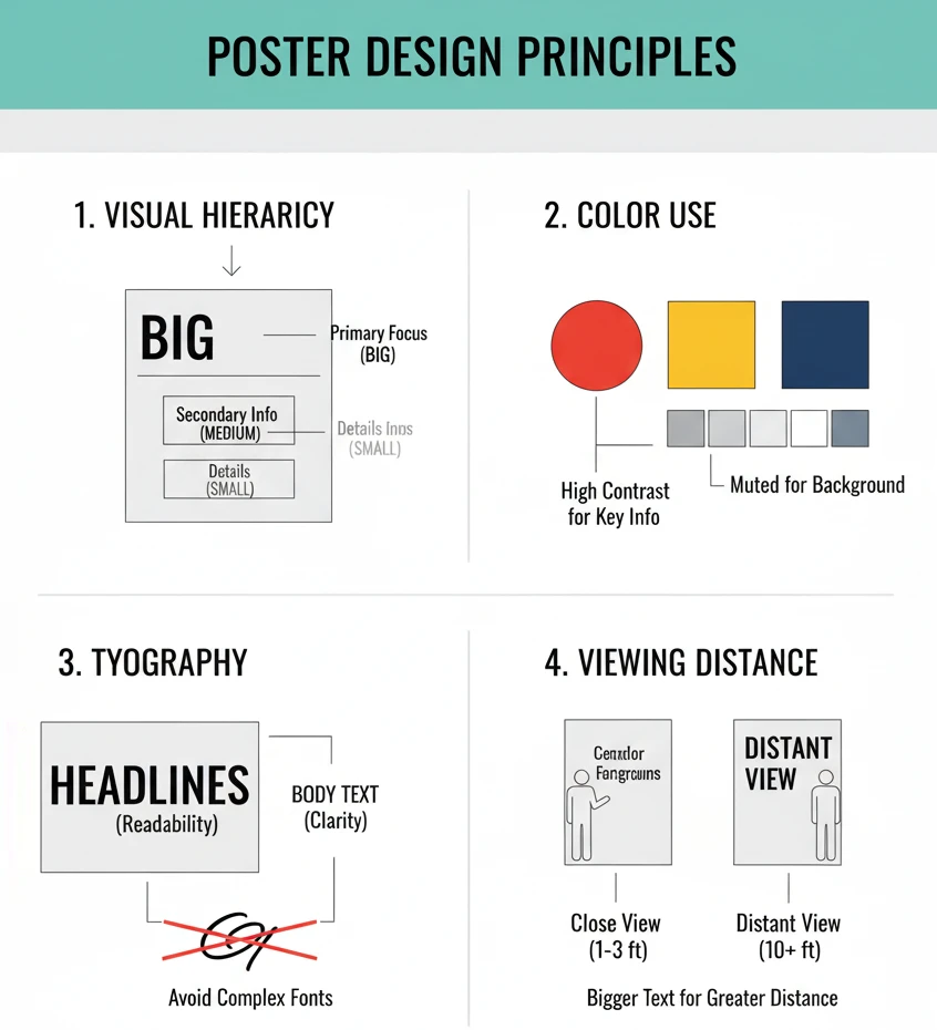Informative infographic detailing key poster design principles: visual hierarchy with text sizes, effective color contrast, typography choices, and a chart showing optimal viewing distance for different poster sizes.