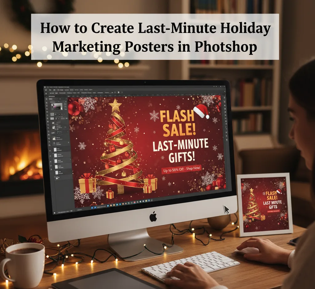 Woman creating a Last-Minute Flash Sale Holiday Marketing Poster in Adobe Photoshop