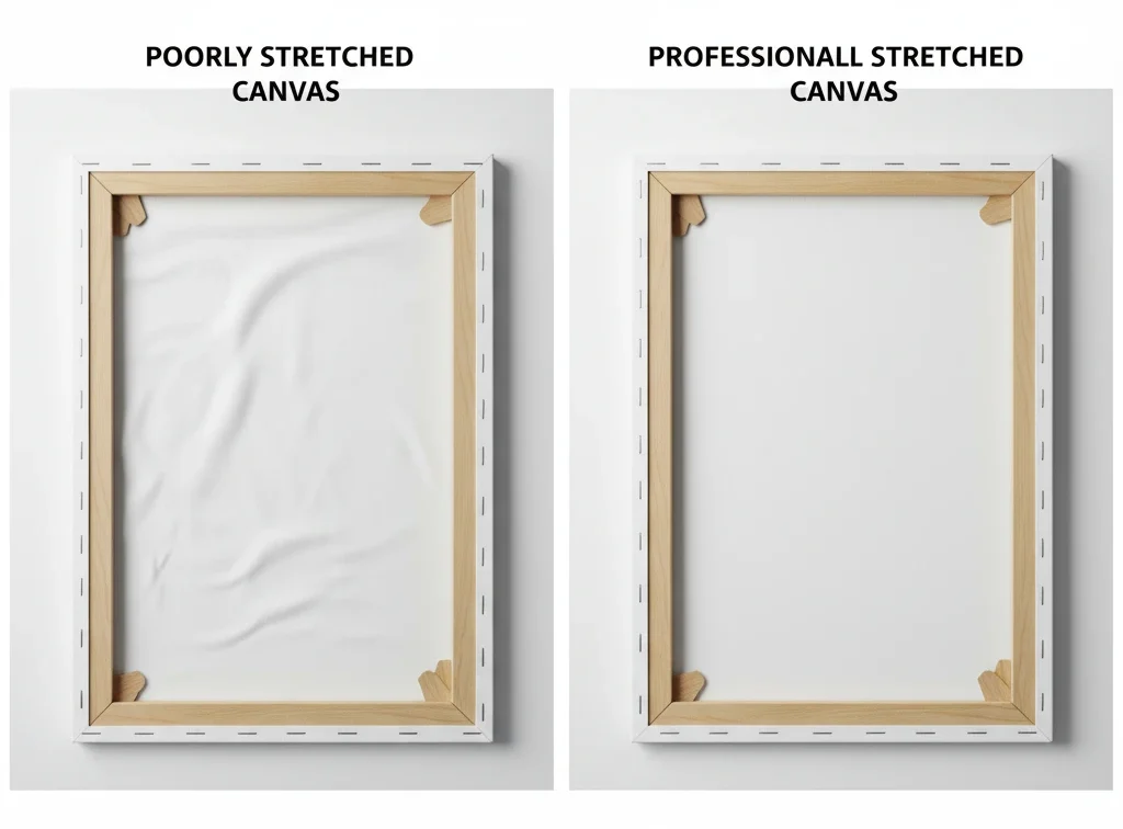 wo white canvases on wooden frames are shown side-by-side. The left canvas, labeled "POORLY STRETCHED CANVAS," shows significant wrinkles and sags. The right canvas, labeled "PROFESSIONALLY STRETCHED CANVAS," is perfectly smooth and taut
