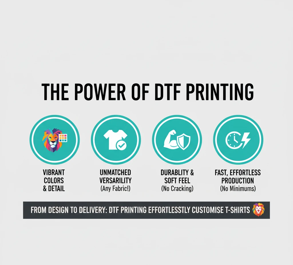 An infographic titled "THE POWER OF DTF PRINTING" showing four circular icons: 1. Vibrant Colors & Detail (with a colorful lion and color palette icon), 2. Unmatched Versatility (Any Fabric!) with a t-shirt icon, 3. Durability & Soft Feel (No Cracking) with a shield and arm icon, and 4. Fast, Effortless Production (No Minimums) with a clock and lightning bolt icon.