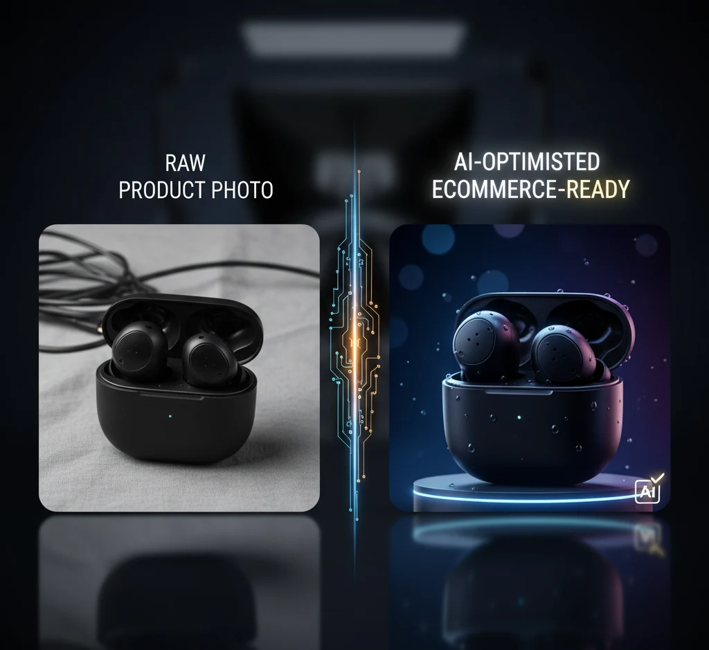 A side-by-side comparison of two images of black wireless earbuds. On the left, a "Raw Product Photo" shows the earbuds on a plain grey fabric with visible tangled wires. On the right, an "AI-Optimised Ecommerce-Ready" image shows the same earbuds in a sleek, vibrant, high-quality rendering with water droplets, glowing accents, and a clean, professional backdrop, with an "AI" logo in the corner.