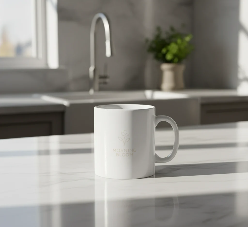 A pristine white ceramic coffee mug with a subtle "Morning Bloom" logo sits on a glossy white marble kitchen counter. Natural sunlight streams in from a window, casting realistic shadows across the counter and the mug, creating soft reflections on its surface and the countertop.