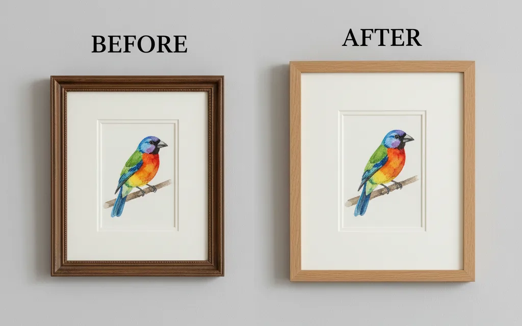 Before and After framing example comparing poor design choices (too small frame, wrong mat color) with professional framing (appropriate matting and frame).