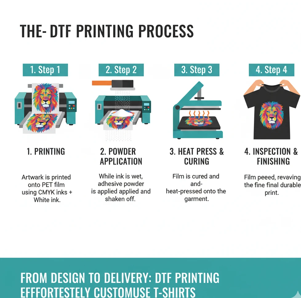 A Four-panel image showing the Direct-to-Film (DTF) printing process: 1) A DTF printer producing a transfer sheet, 2) A person applying adhesive powder to the freshly printed transfer, 3) A heat press transferring the design from the DTF film onto a white t-shirt in a SUNYGraphics studio.