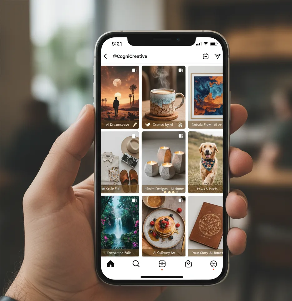  "A hand holding a smartphone displaying a social media grid mockup. The grid features nine squares, each an AI-enhanced image representing lifestyle content: a dreamscape with a person under a moon, a coffee mug, abstract wall art, flat lay fashion items, geometric candles, a golden retriever puppy, a lush waterfall, a stack of pancakes, and a vintage-style book. All posts contribute to a cohesive and aesthetically pleasing feed.""Smartphone screen showing an Instagram-like social media profile grid filled with diverse AI-generated or AI-enhanced lifestyle images, including travel, food, home decor, pets, and fashion, demonstrating seamless visual branding."