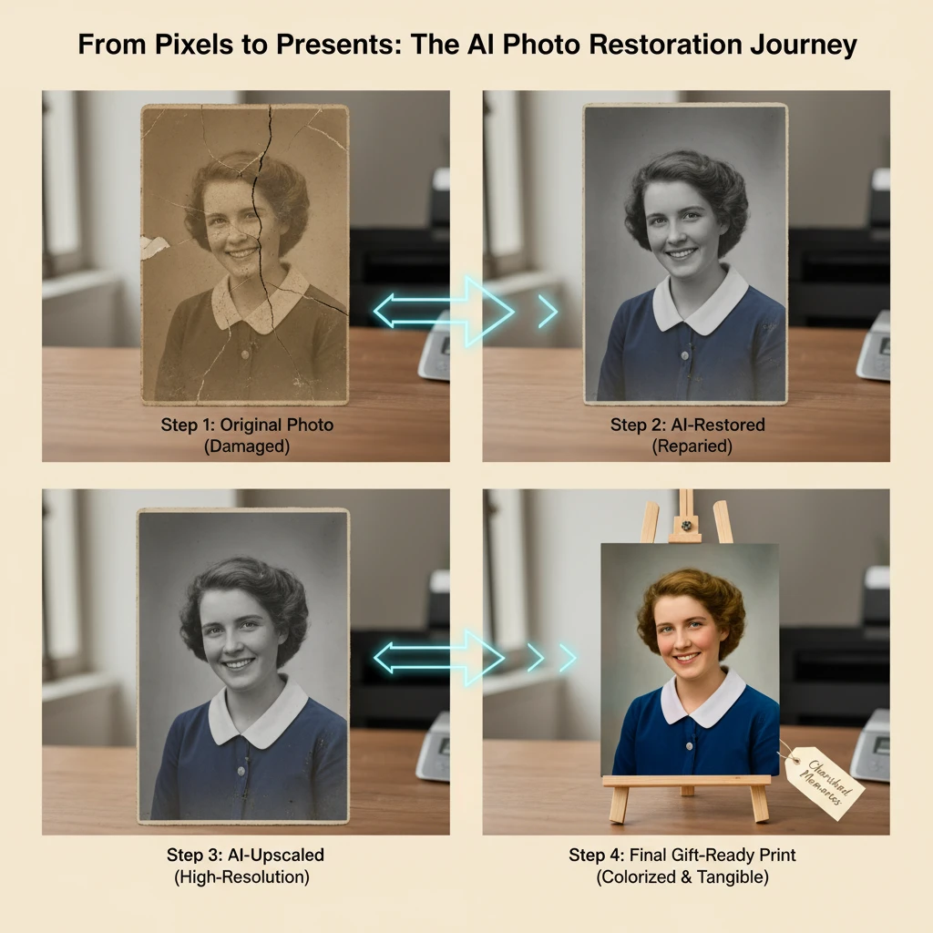 A four-panel infographic depicting the AI photo restoration process. Panel 1: An old, severely cracked black and white photo of a smiling woman. Panel 2: The same photo, now AI-restored with cracks removed, looking much clearer. Panel 3: The restored photo, now AI-upscaled, appearing sharper and more detailed. Panel 4: The final gift-ready print, now colorized, vibrant, and displayed on a small easel with a "Cherished Memories" tag, signifying its transformation into a tangible gift. Blue arrows indicate progression between steps.