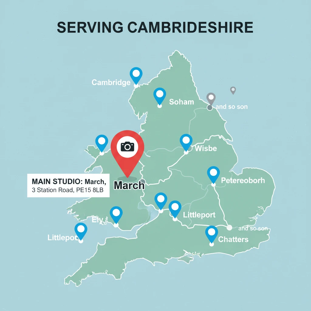 Service area map for Suny Graphics professional photography covering March, Wisbech, Ely, Peterborough, Cambridge and Cambridgeshire