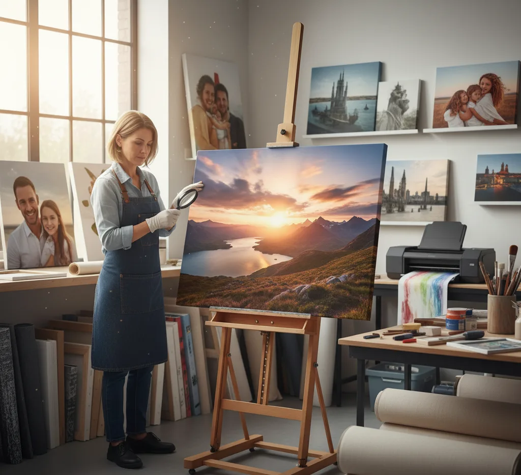 Professional craftsperson in a UK studio inspecting a high-quality, large-format canvas print of a mountain sunset with a magnifying glass.