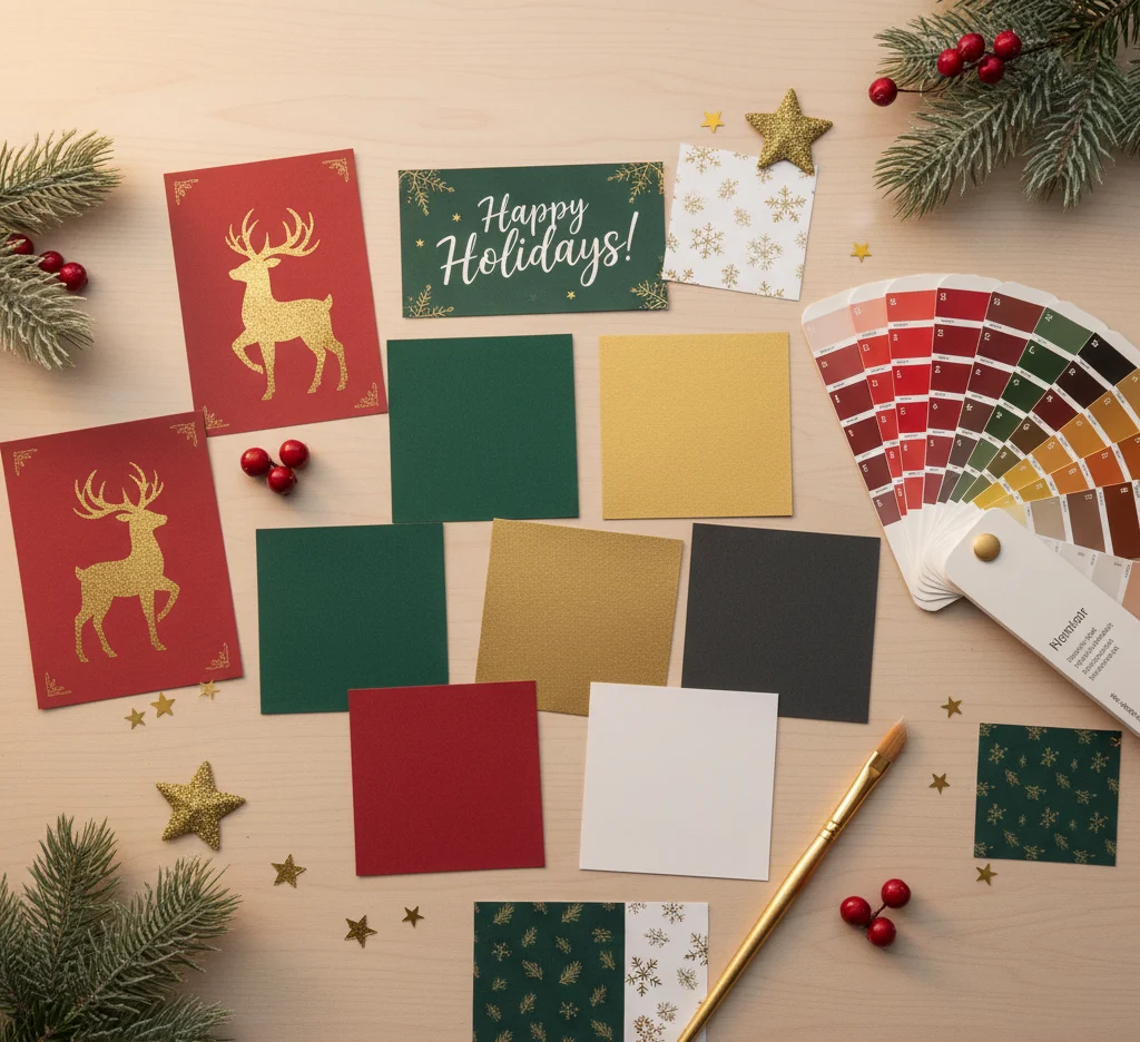 Flat lay view of traditional red and green Christmas color swatches and fabric samples