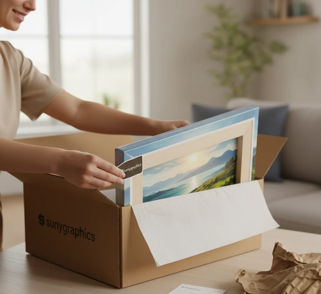 Hands carefully lifting a professionally packaged canvas print out of a secure cardboard box, showing the protective wrapping and anticipation of the customer.