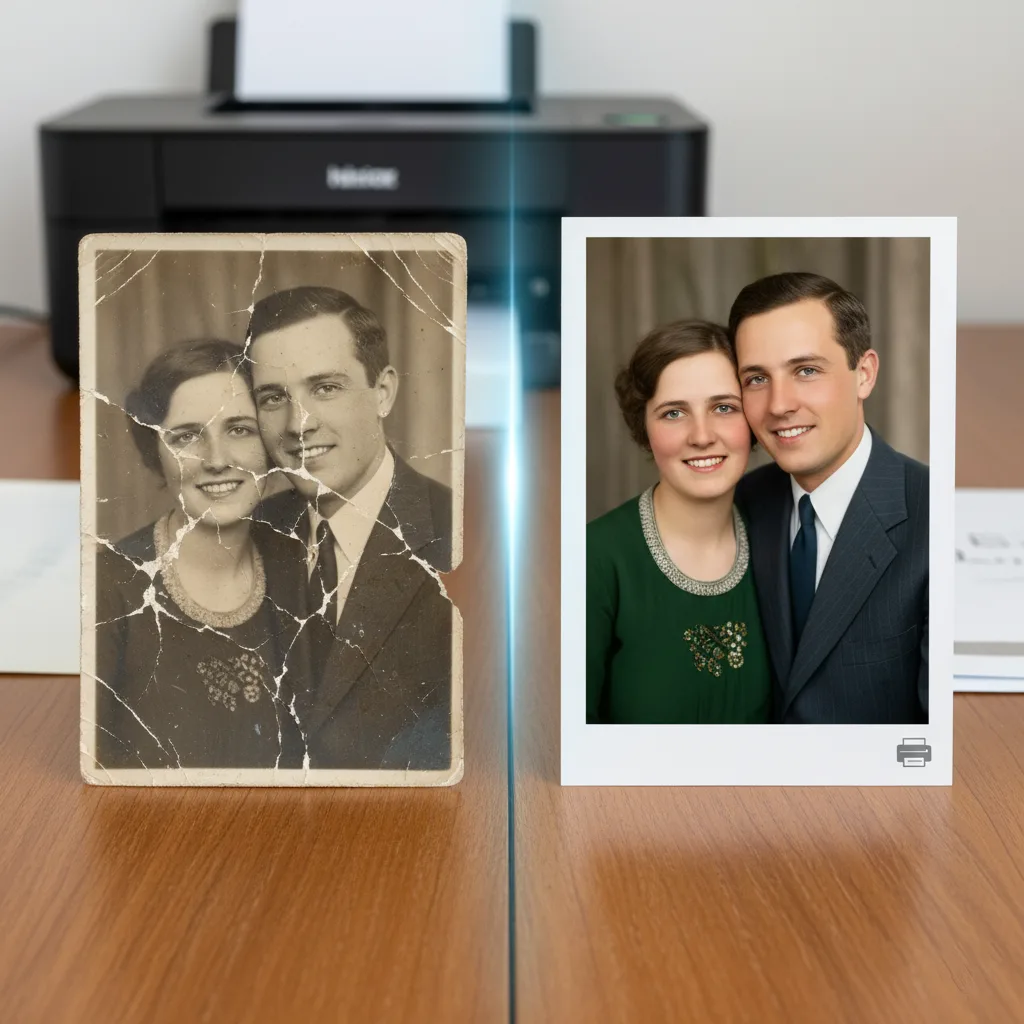 A side-by-side comparison on a wooden desk. On the left is a severely cracked, discolored, and faded vintage black and white photograph of a smiling couple. On the right, the same couple is shown in a crisp, colorized, and perfectly restored version, presented as a modern print, with a small print icon at the bottom, indicating readiness for printing. A printer is visible in the blurred background.