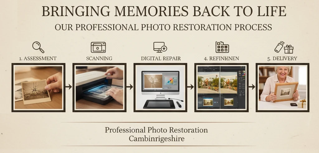 Infographic detailing the 5-step photo restoration process: assessment, scanning, repair work, refinement, and delivery.