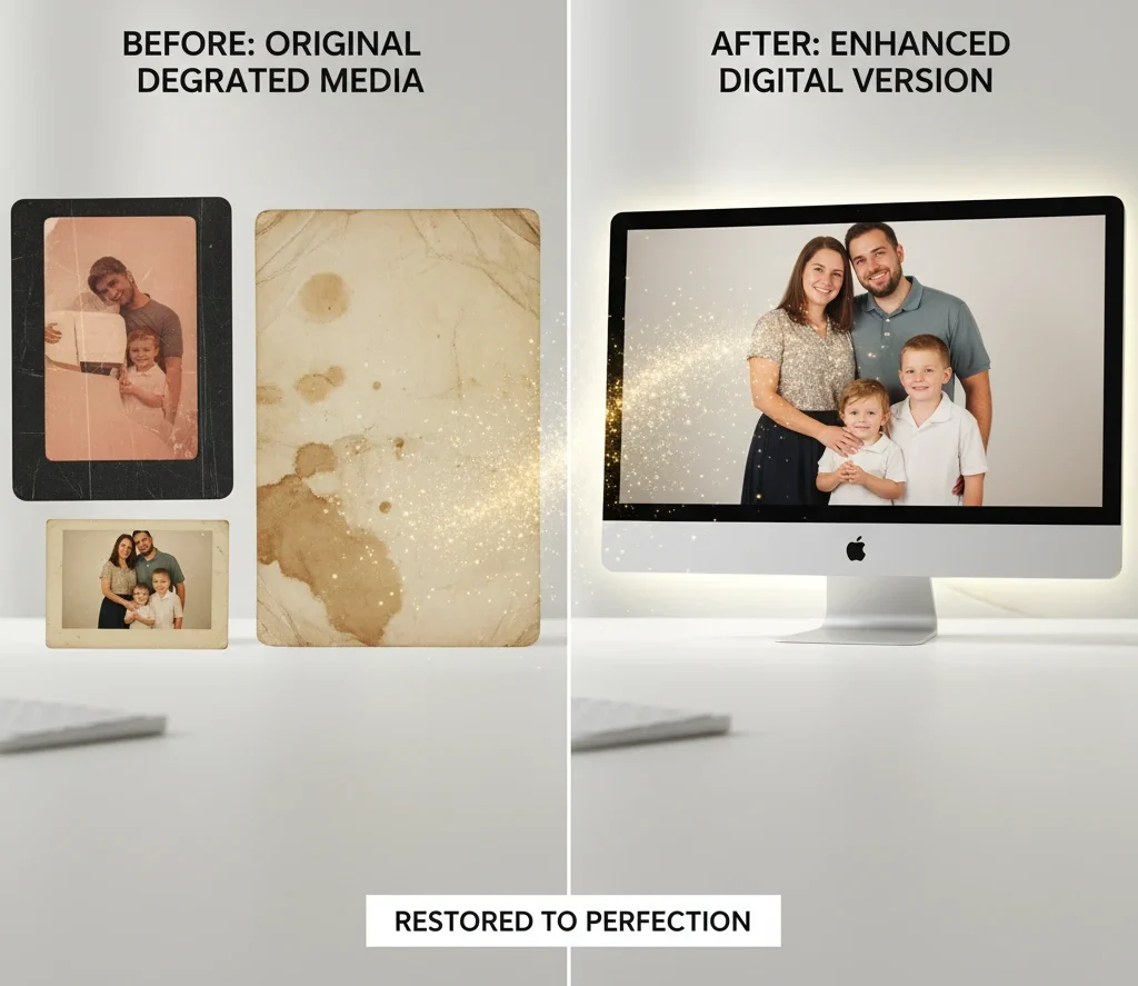 Before & After comparison: 'Before' shows a severely faded, color-shifted, and scratched old family photograph. 'After' displays the digitally restored version on a computer screen, with vibrant colors, improved sharpness, and removed imperfections.
