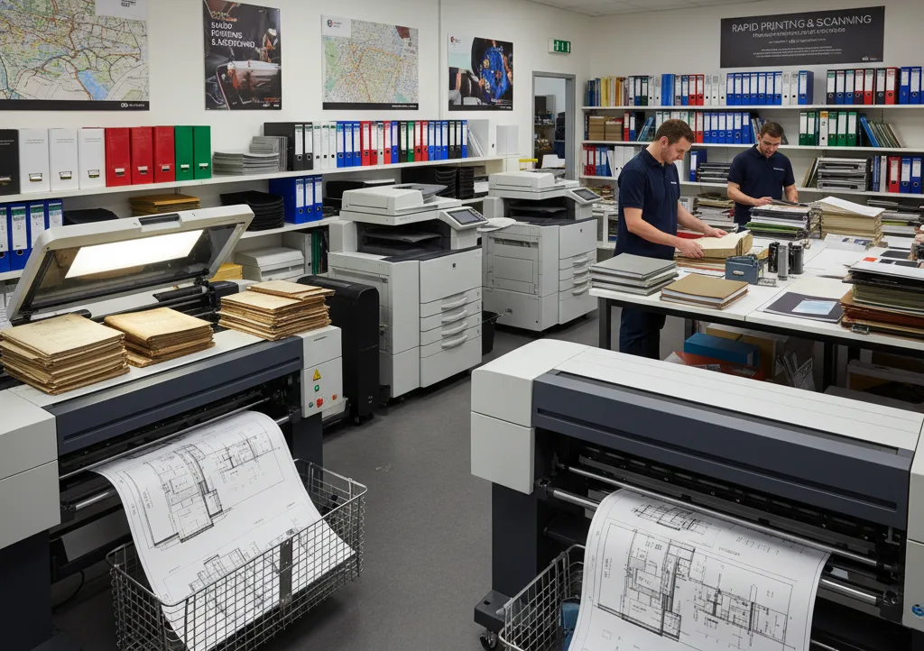Two staff members actively operating high-volume, multi-function printing and scanning equipment in a well-lit Cambridgeshire document studio, surrounded by finished documents and architectural plans.