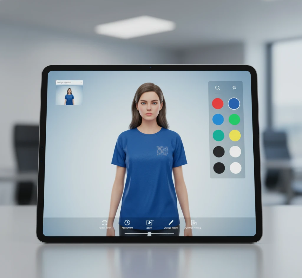 A tablet displaying an interactive 3D mockup interface. On the screen, a realistic virtual female model wears a blue t-shirt with a subtle graphic design. A color palette on the right side of the screen shows various color options (red, blue, green, yellow, black, white), with blue currently selected, indicating the ability to change the t-shirt's color in real-time. Interface controls for design upload, view, zoom, and model change are visible at the bottom.