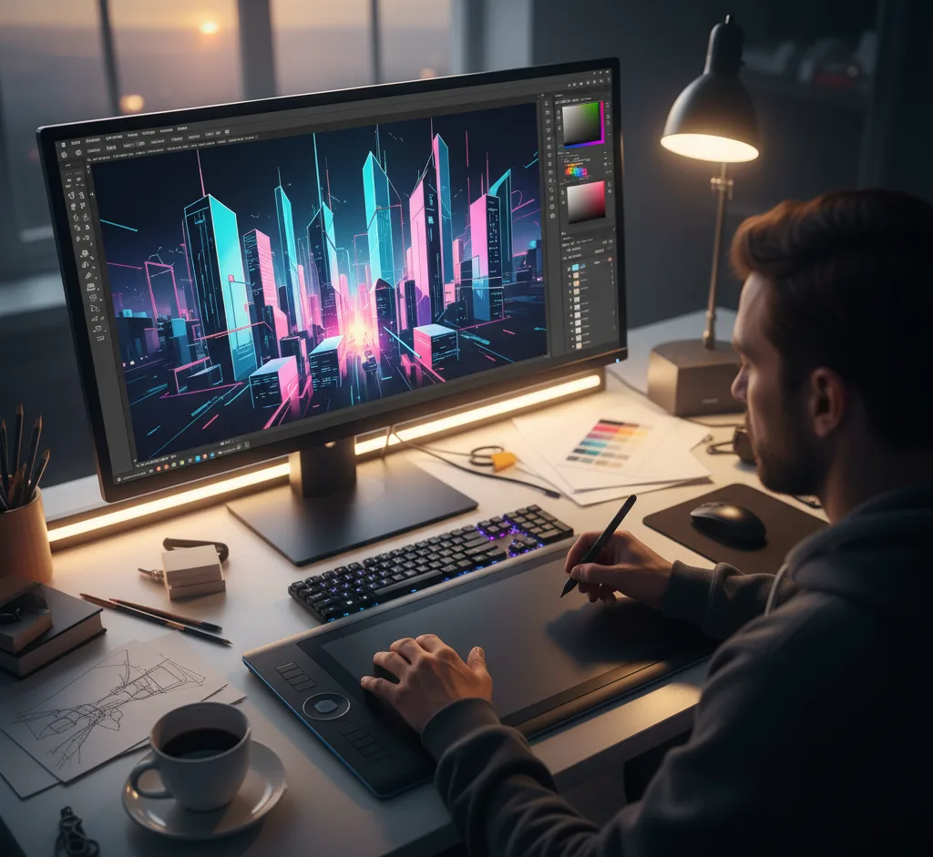 Close-up of a designer's hands using a mouse or stylus to create a scalable vector graphic (SVG) on a computer screen using specialized design software.