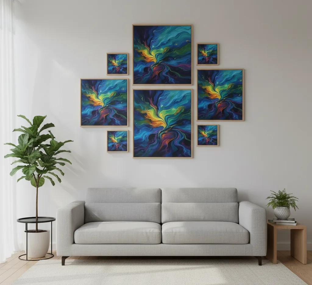 A contemporary living room with a light gray sofa and a fiddle-leaf fig plant, featuring a gallery wall adorned with seven framed SUNYGraphics canvas prints in different sizes, displaying a colorful abstract art piece.