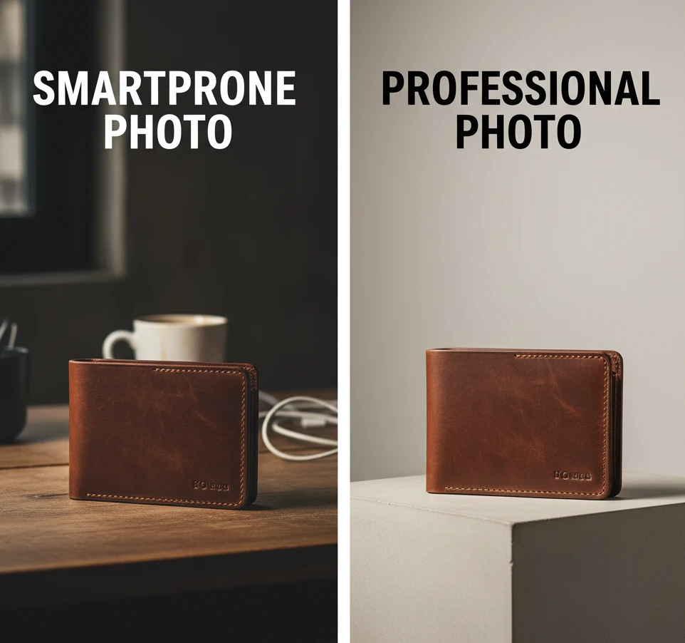 Comparison between smartphone photography and professional photography showing lighting and quality differences